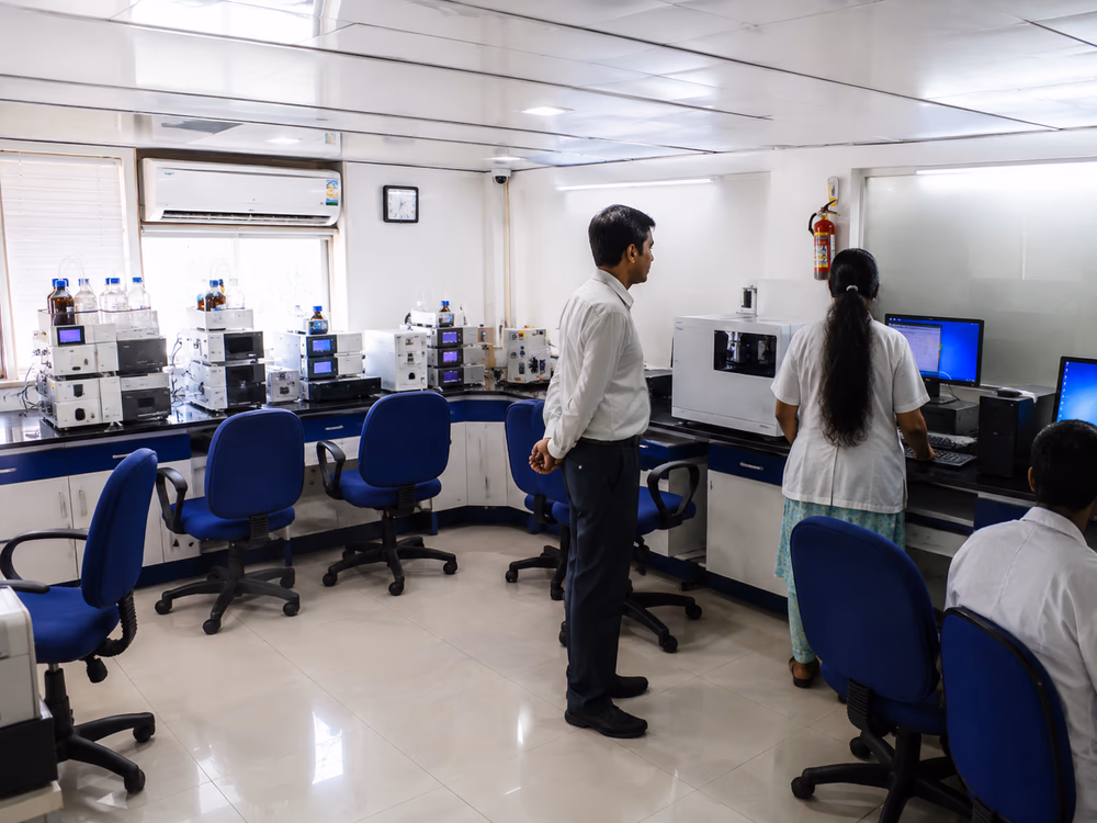 Analytical room with the HPLC bank along the bench