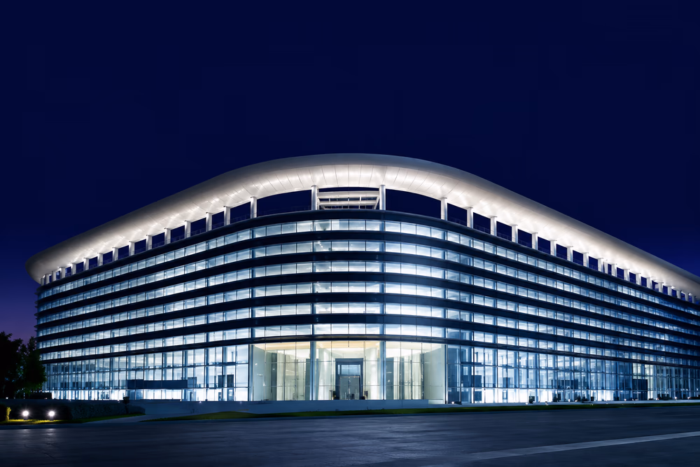 The laboratory building at dusk